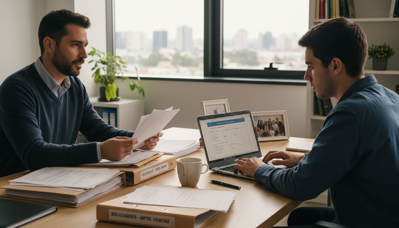 El reclutador realiza una prueba al postulante durante una entrevista en la oficina.