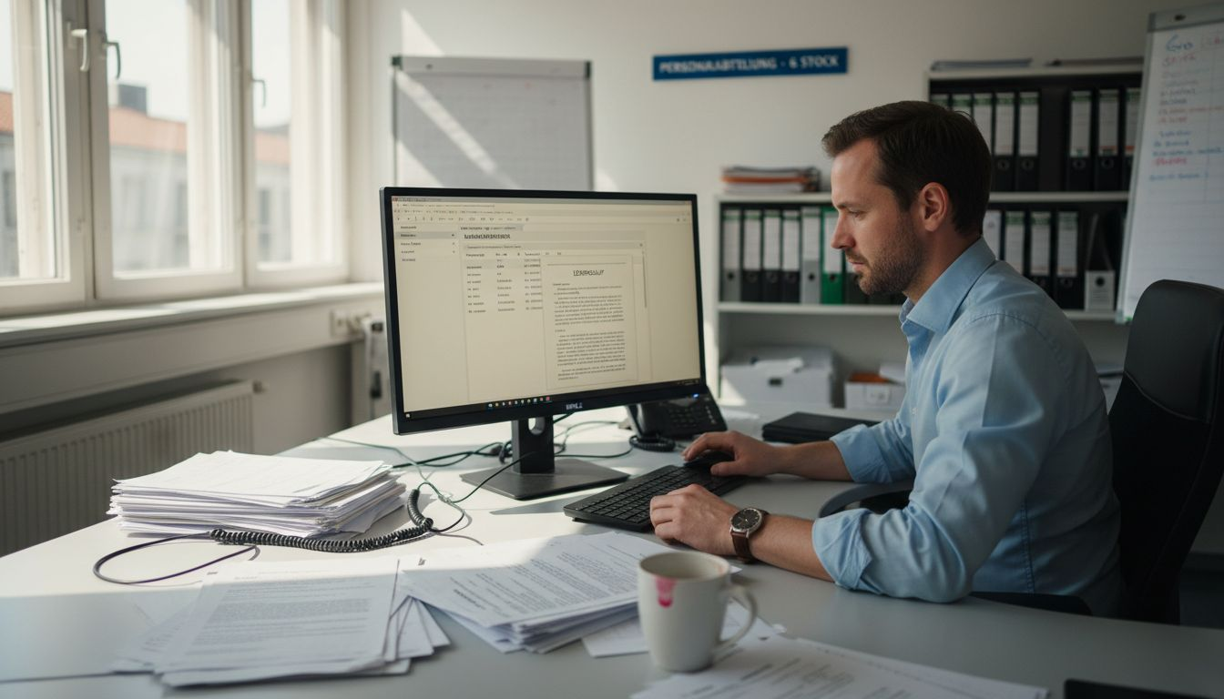 Eine HR-Fachkraft sitzt im Eckbüro und prüft Bewerbungsunterlagen.