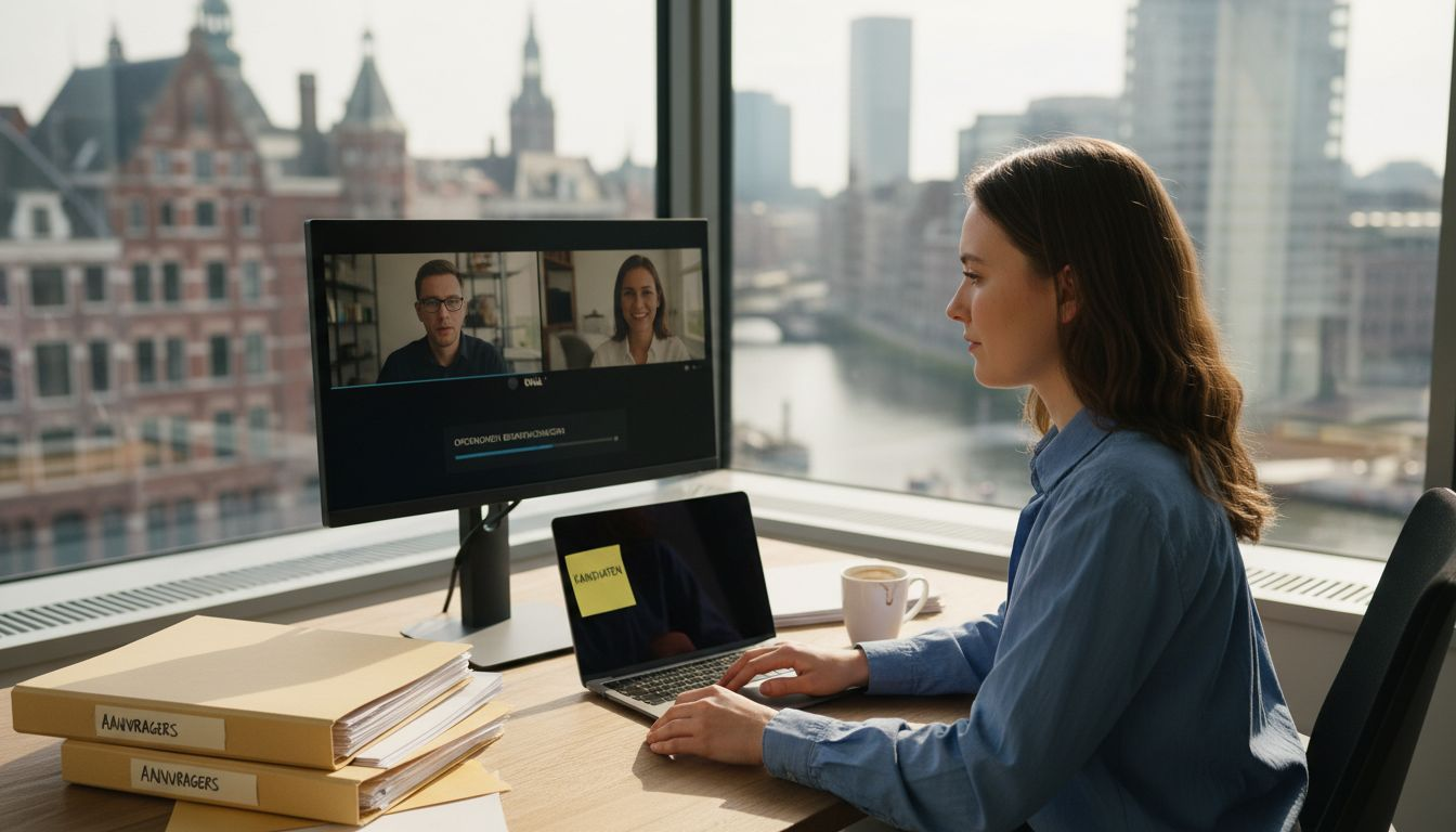 Een recruiter bekijkt geautomatiseerde video-opnames van sollicitatiegesprekken die door AI zijn afgenomen.
