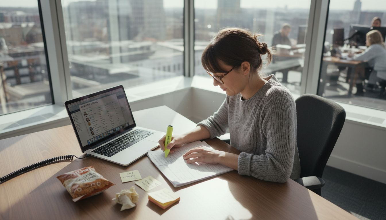 Tech recruiter screens CVs in busy office