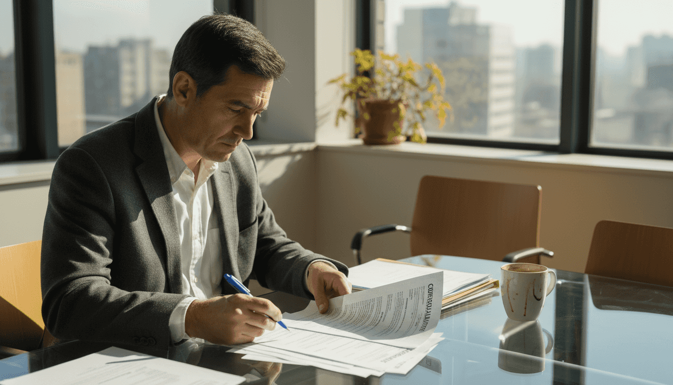 Director revisando currículos en su despacho con paredes de cristal