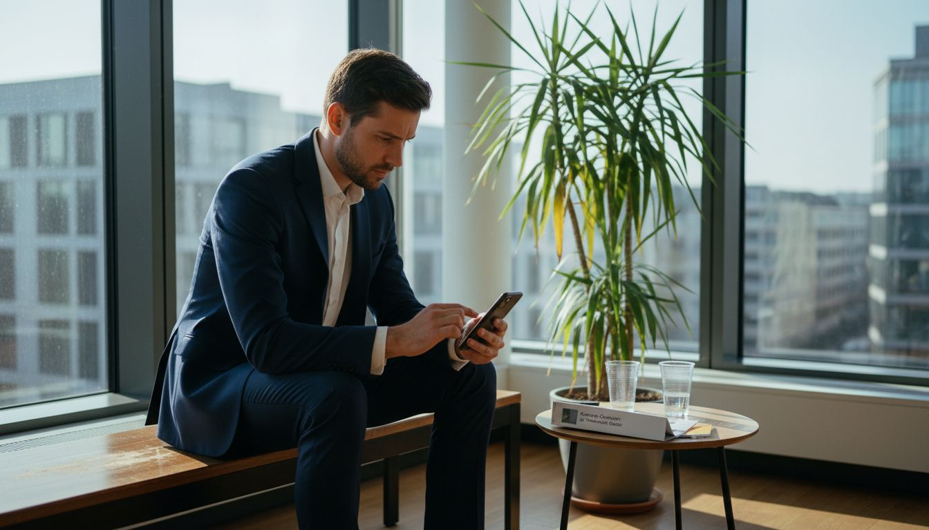 Ein Bewerber sitzt allein im Warteraum des Unternehmens.