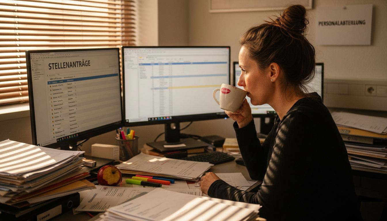 Eine Recruiterin sichtet Bewerbungsunterlagen an ihrem Arbeitsplatz.
