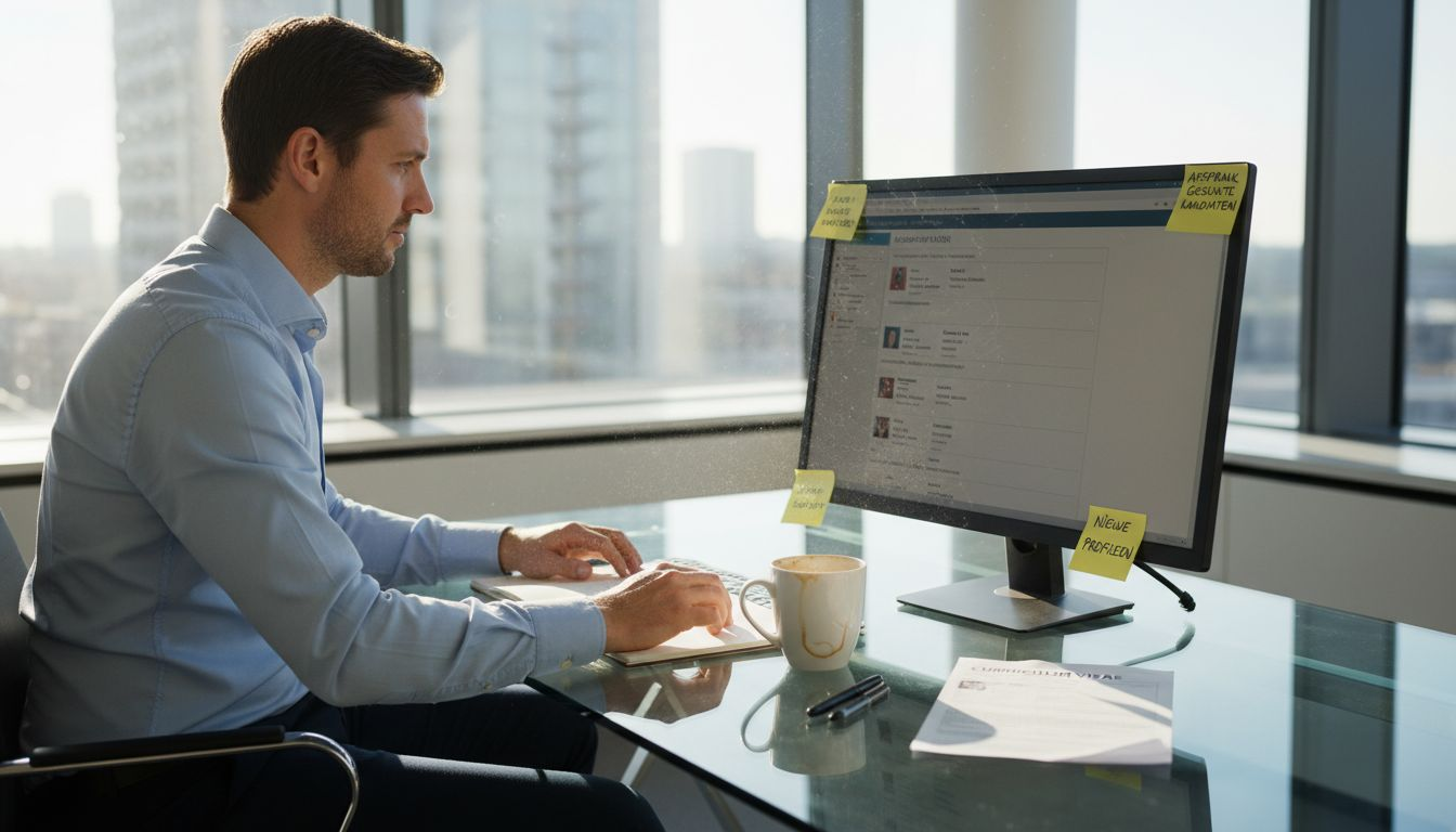 Een HR-manager bekijkt in zijn kantoor de profielen van potentiële kandidaten om te bepalen wie het beste past bij het team.