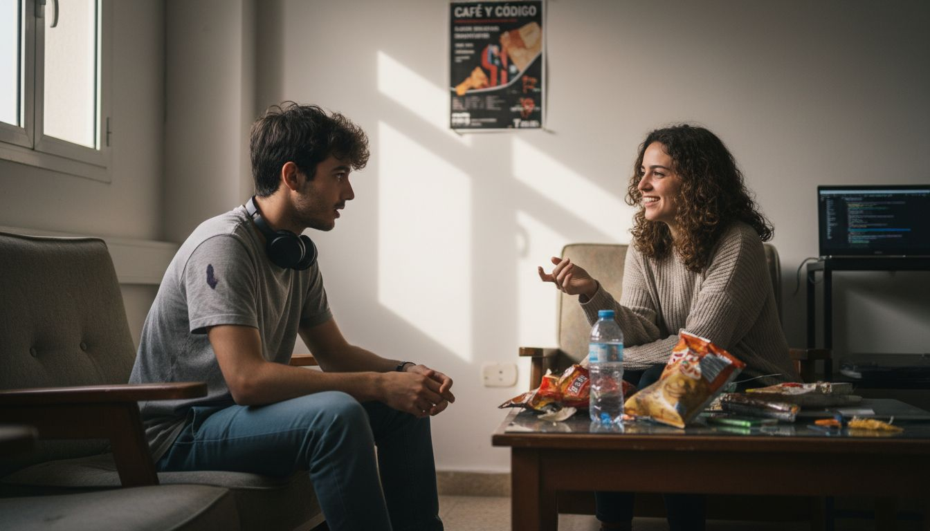 Ingeniero conversando en la sala de descanso sobre temas de tecnología