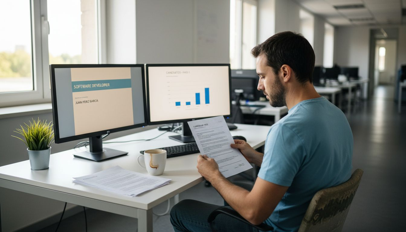 Especialista de selección revisando hojas de vida en un entorno tecnológico