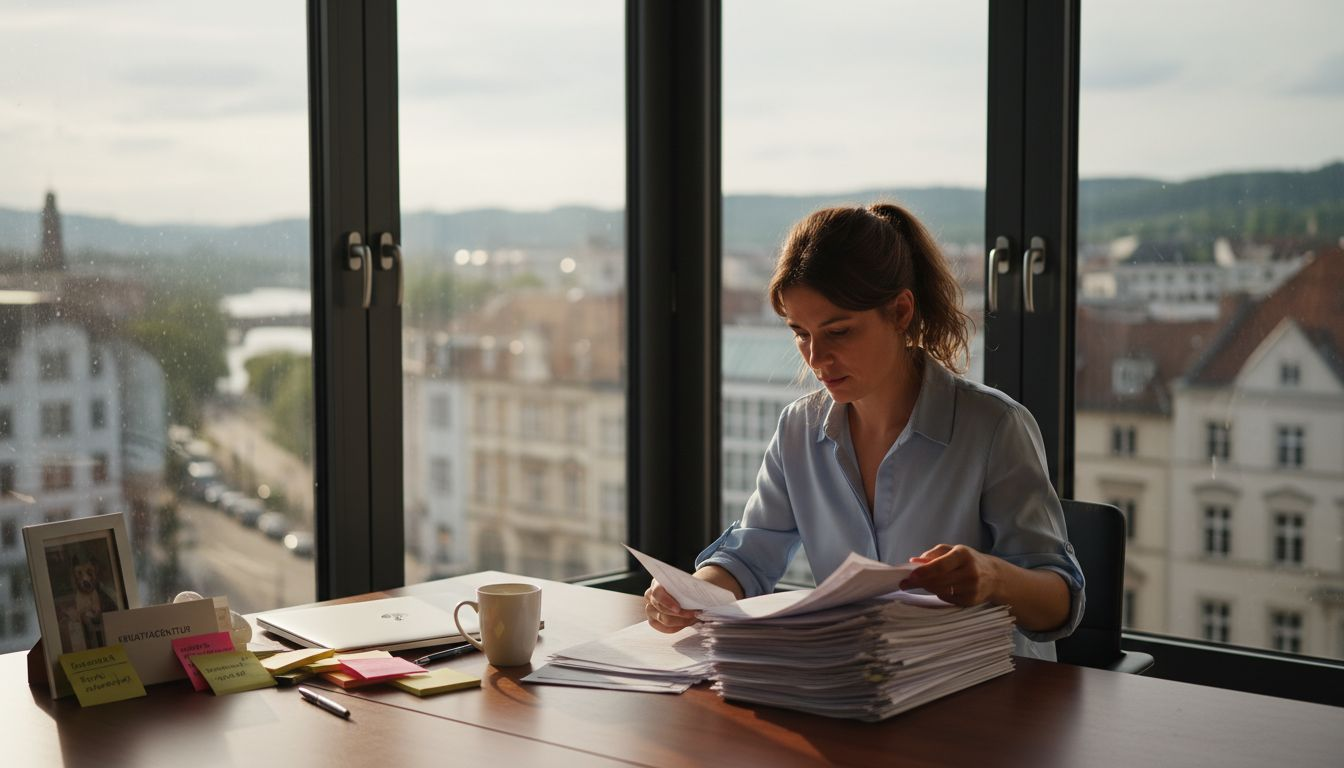 Ein Personalreferent sichtet Bewerbungsunterlagen in seinem Büro mit Blick über die Stadt.