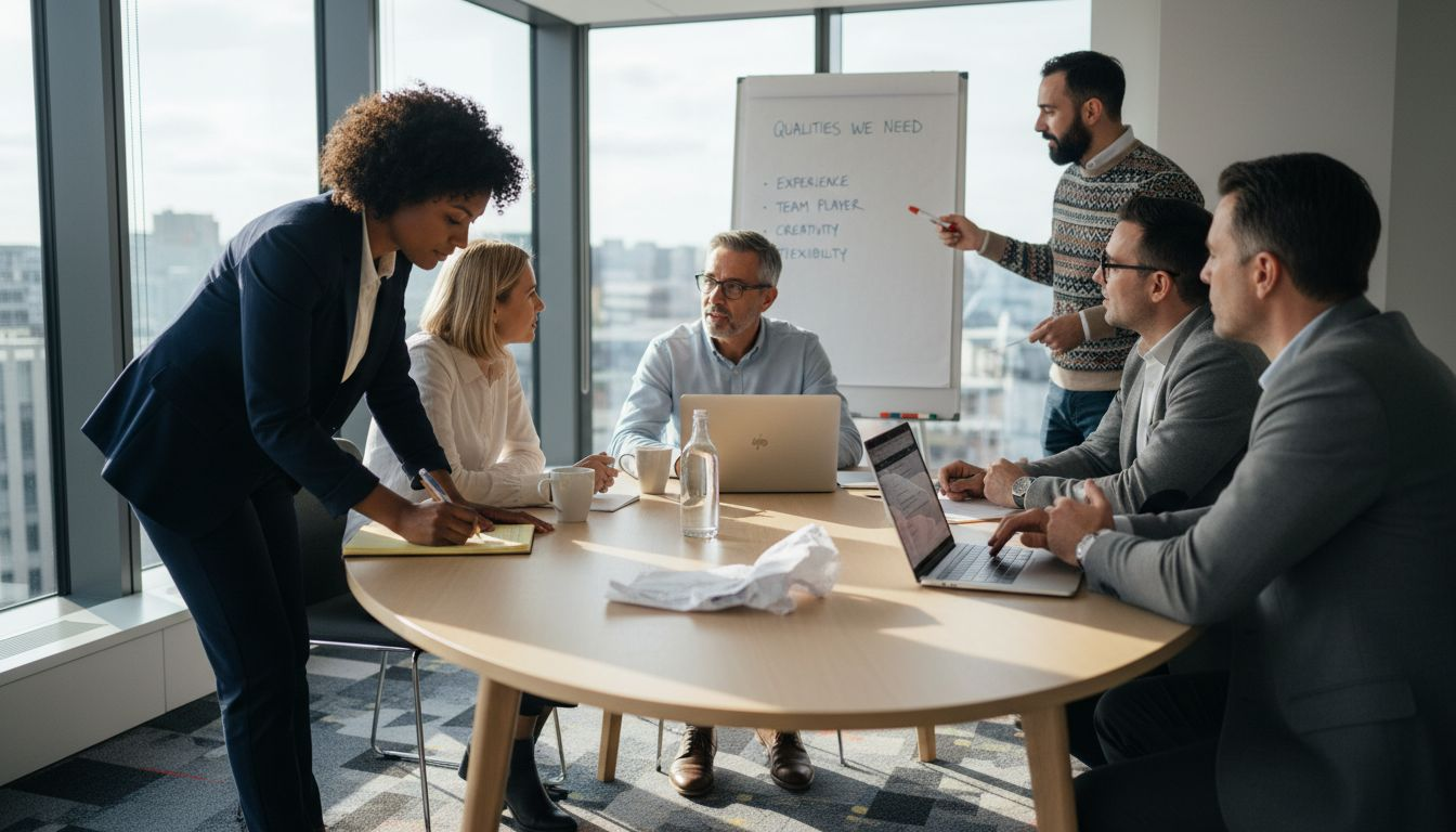 Colleagues discuss hiring around conference table