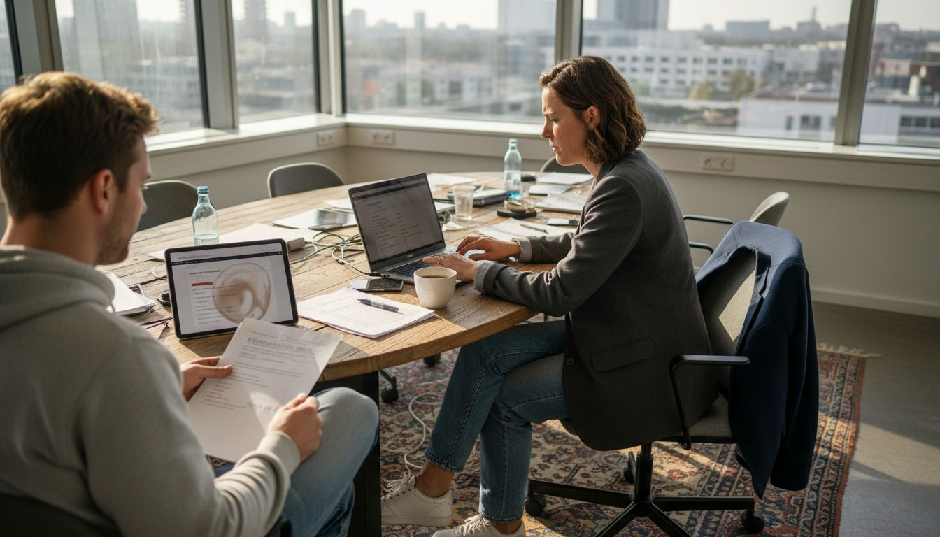 In een zonnig kantoor buigen recruiters zich samen over de profielen van sollicitanten om de beste kandidaten te selecteren.