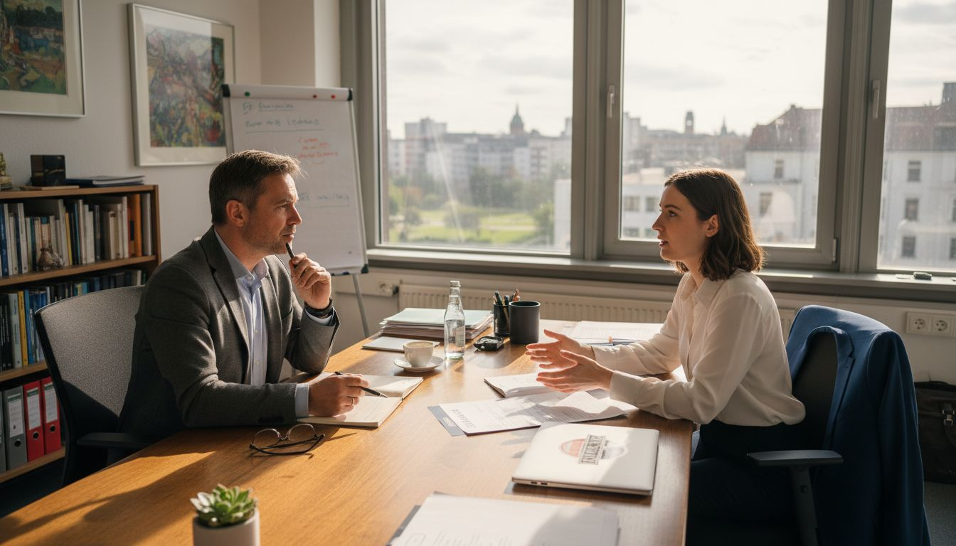 Die Personalchefin hört dem Bewerber im Vorstellungsgespräch aufmerksam zu.