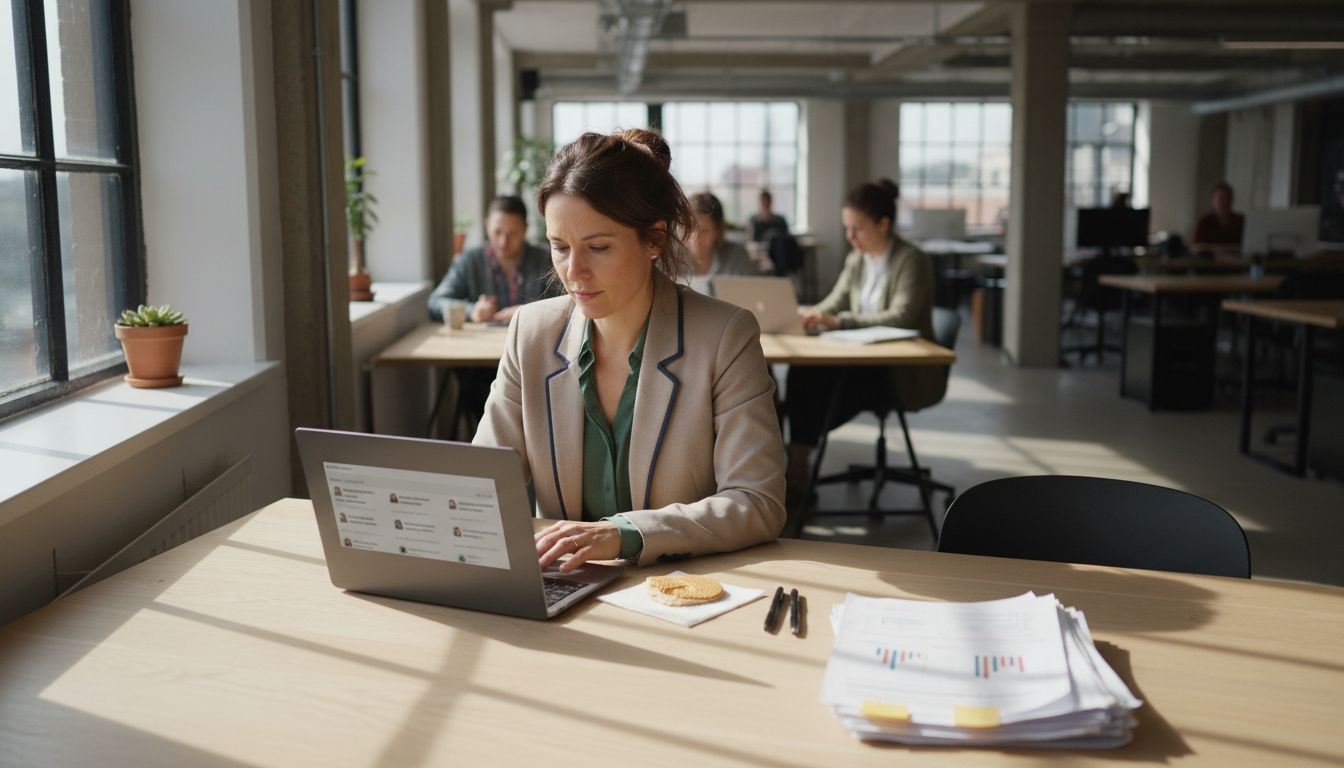 Een recruiter bladert door sollicitaties aan haar bureau in een drukke kantoortuin.