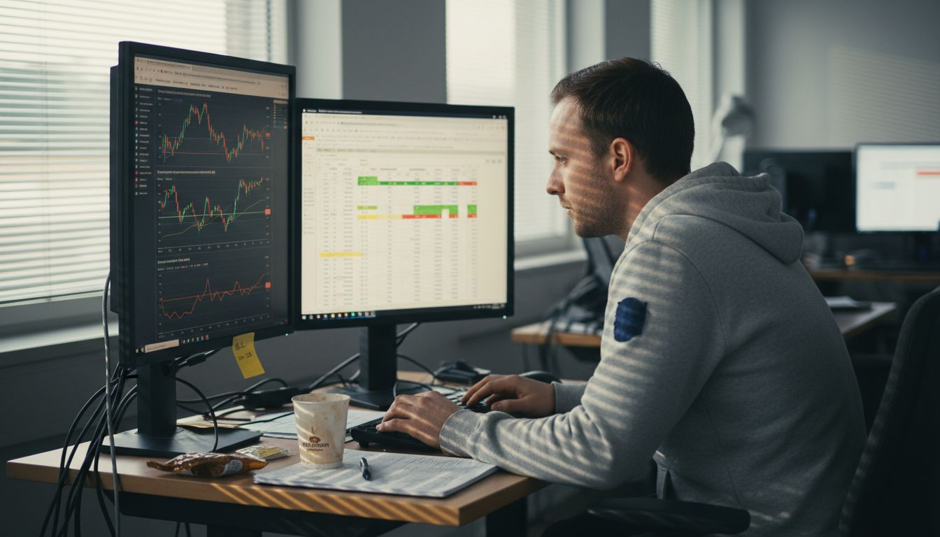 Een man verdiept zich in data aan een modern bureau vol technologische snufjes.