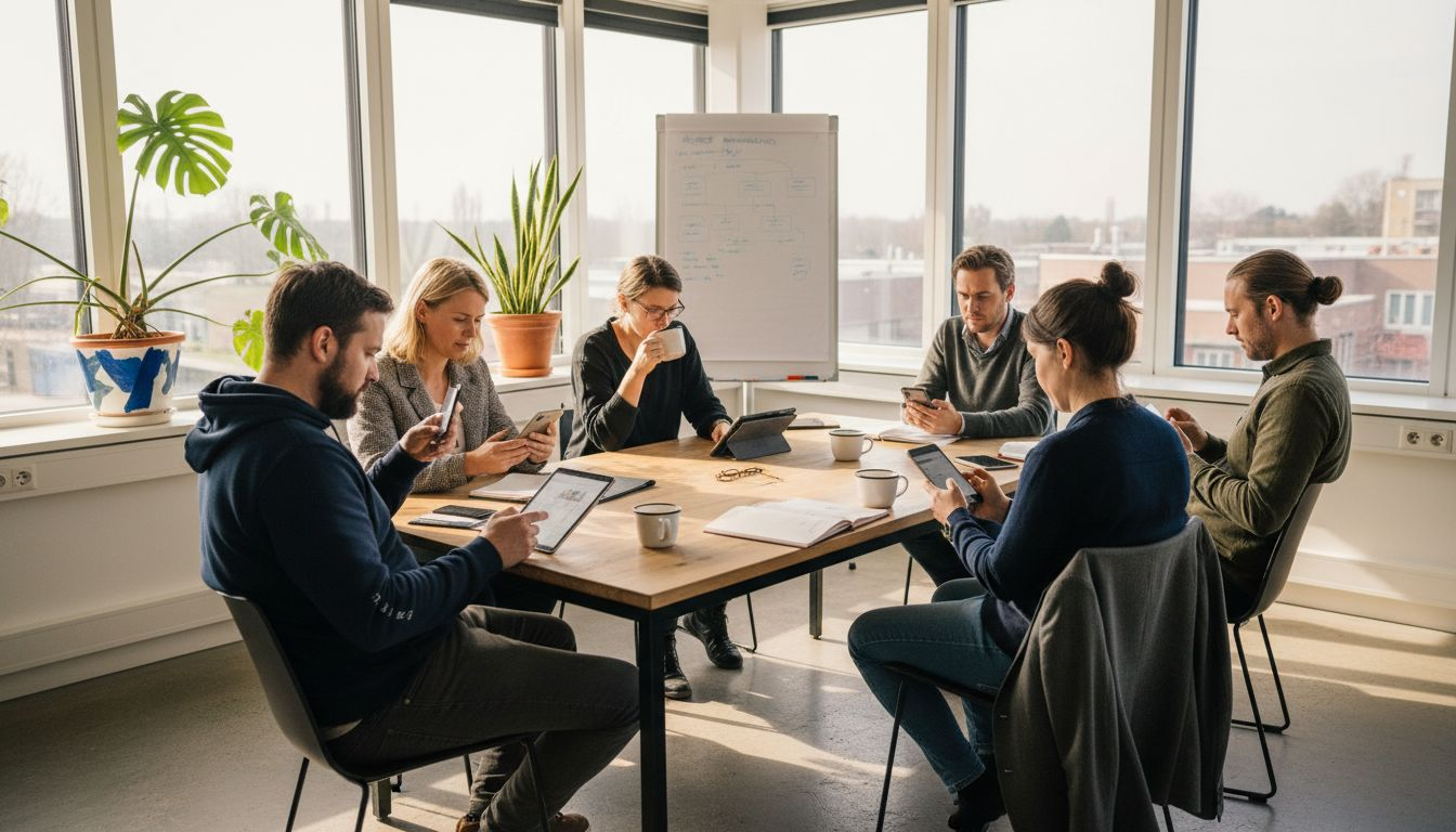 Een team zit samen op kantoor, ieder geconcentreerd aan het werk.