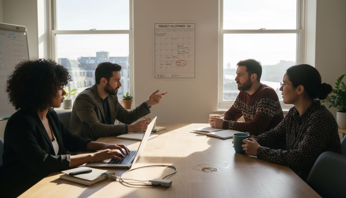 Tech team meeting in corner office workspace