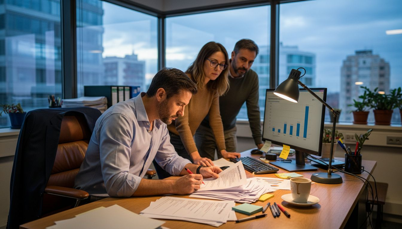 Un grupo de profesionales analiza currículums en una oficina bien iluminada.