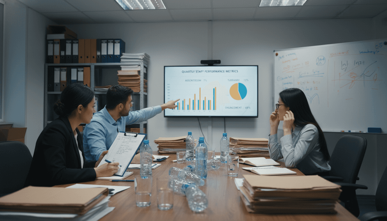 HR team discussing AI hiring statistics