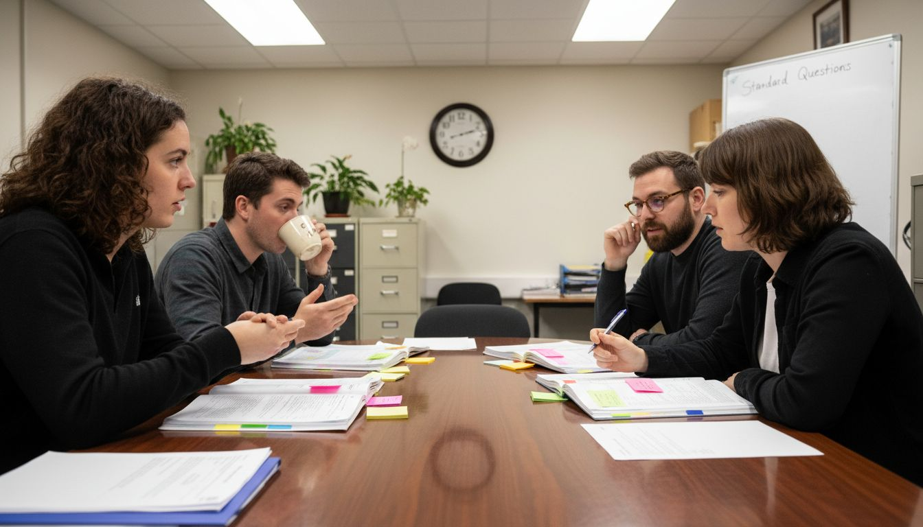 Interviewers in HR training session with materials