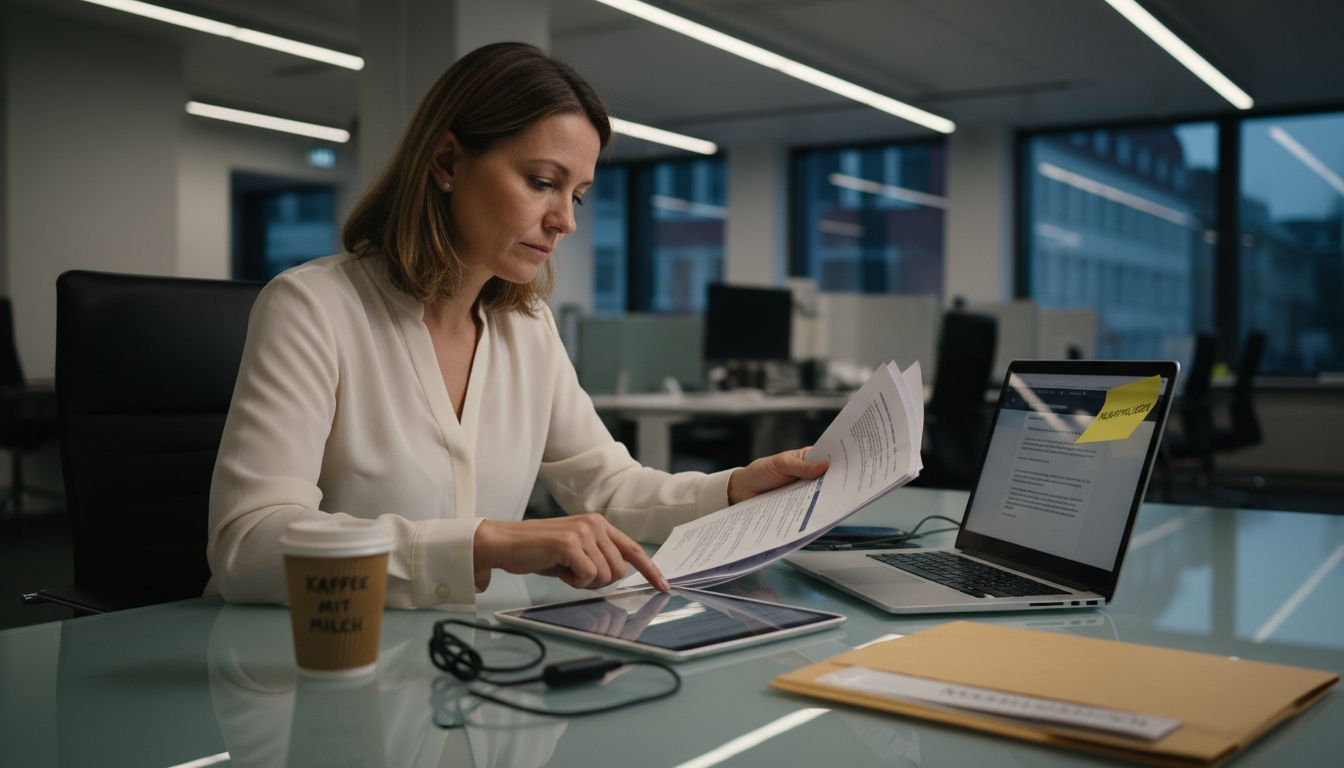 Der Personalverantwortliche schaut sich sowohl ausgedruckte Lebensläufe als auch die Unterlagen auf dem Tablet an.