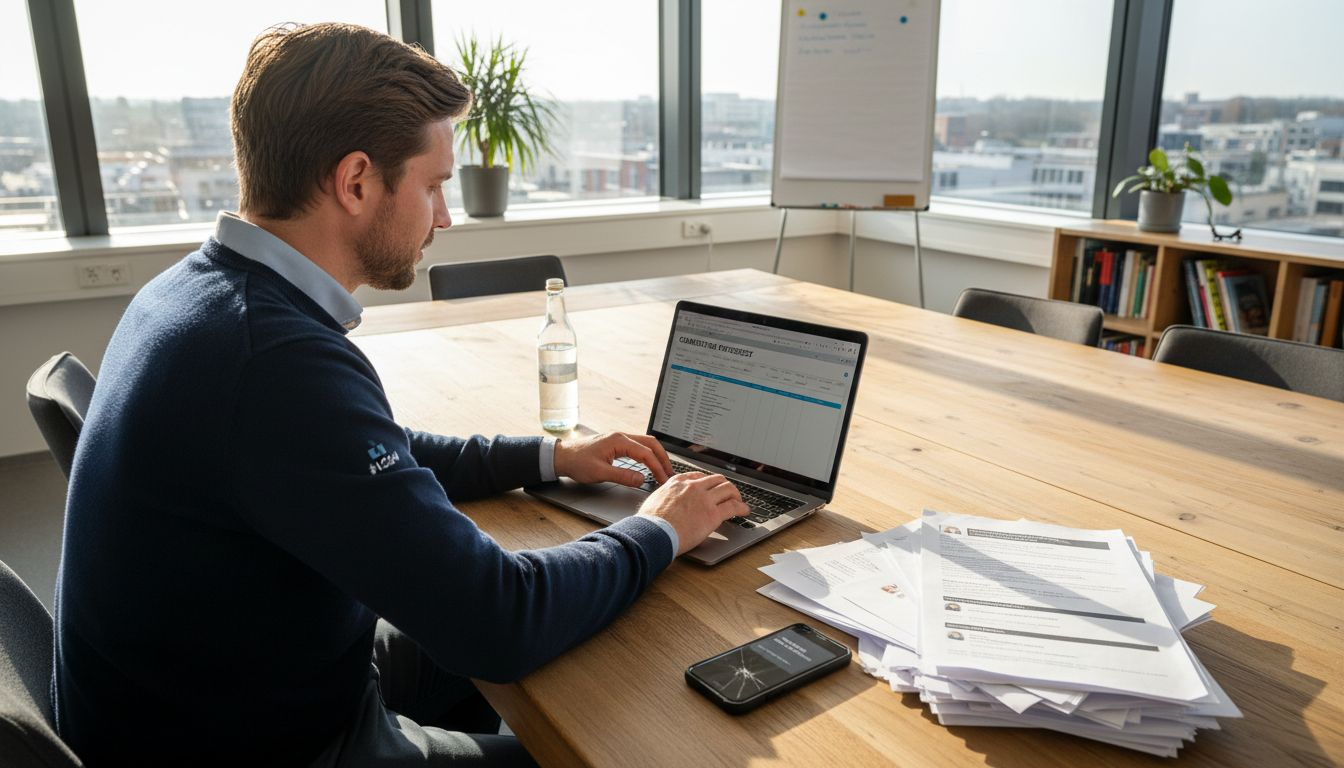 Een recruiter loopt op kantoor een spreadsheet zorgvuldig door.