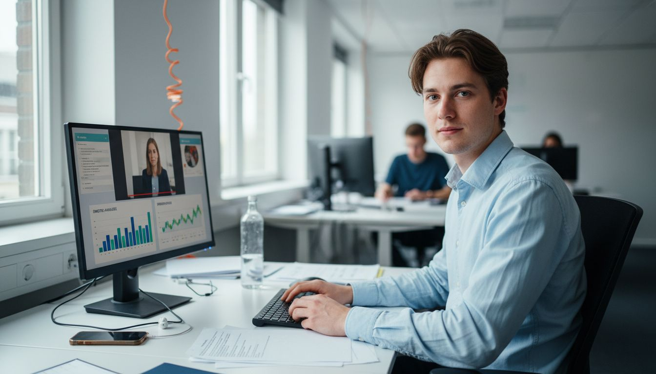 Een collega bekijkt een video-interview en laat de beelden analyseren door AI.