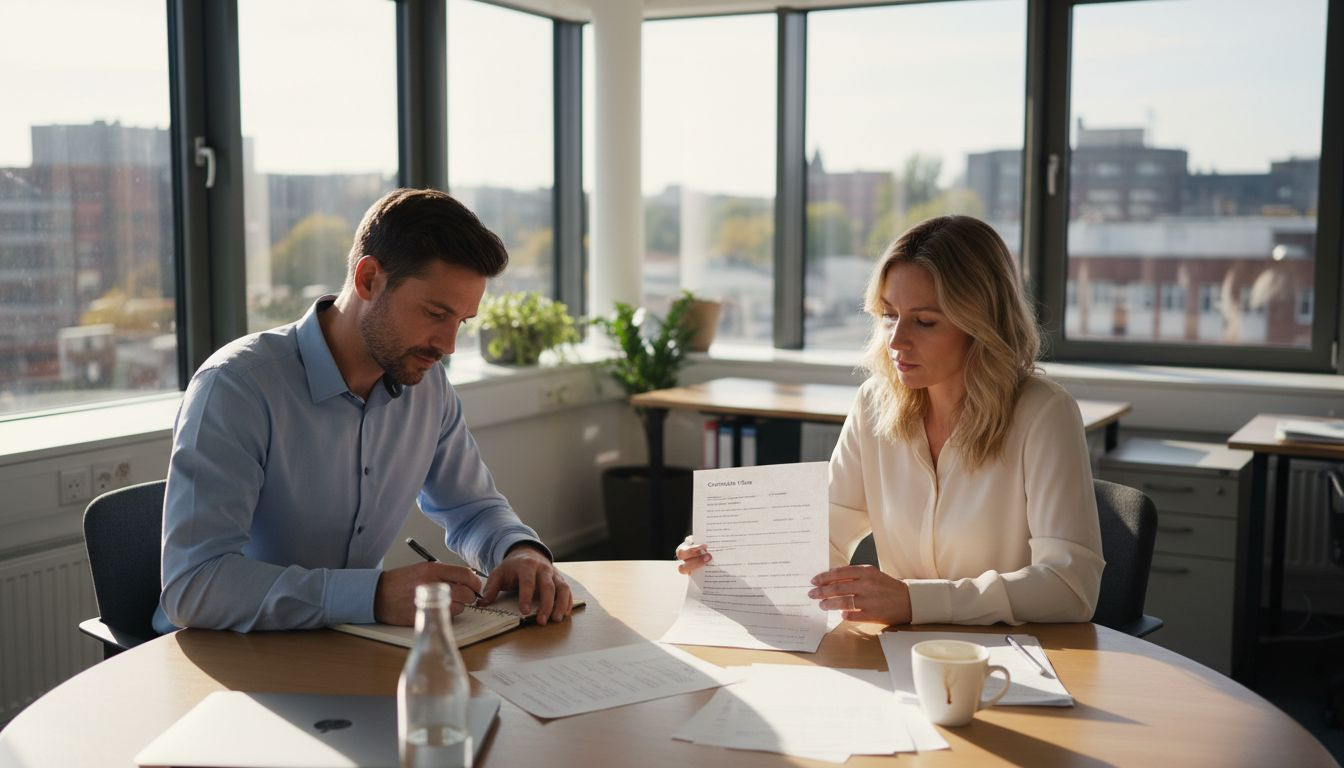 Sollicitatiegesprek aan een bureau in de hoek, met het zonlicht dat naar binnen valt