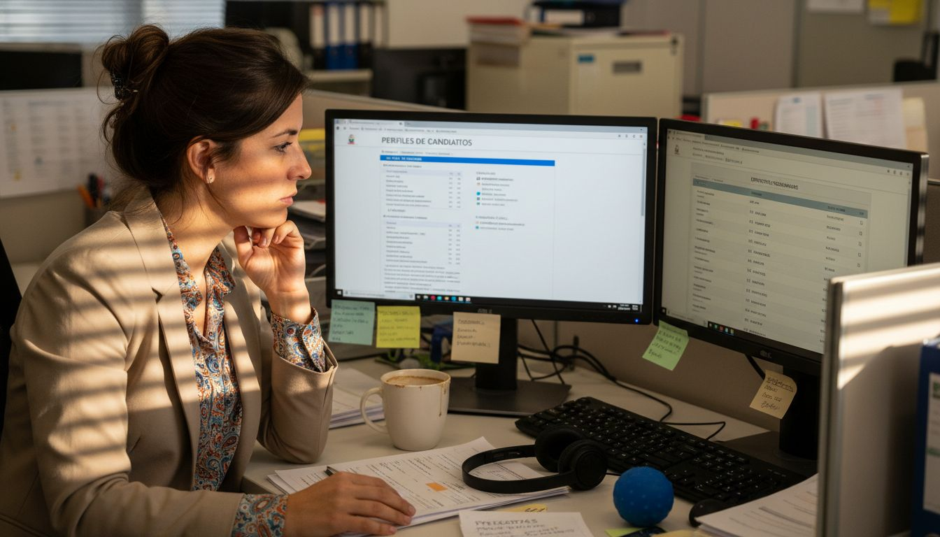 Un profesional de recursos humanos revisa y evalúa entrevistas en su escritorio, buscando identificar al candidato ideal para la empresa.