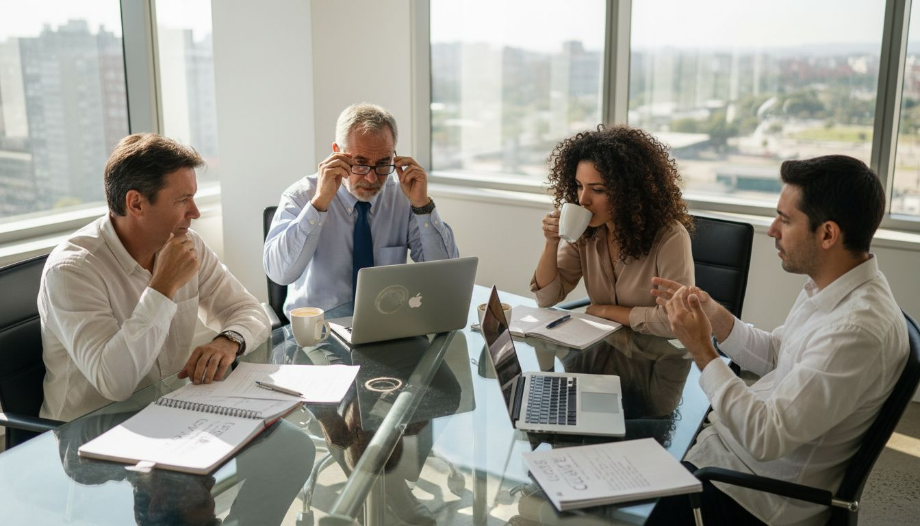 Reunión de equipo en la oficina de la esquina, iluminada por la luz del sol