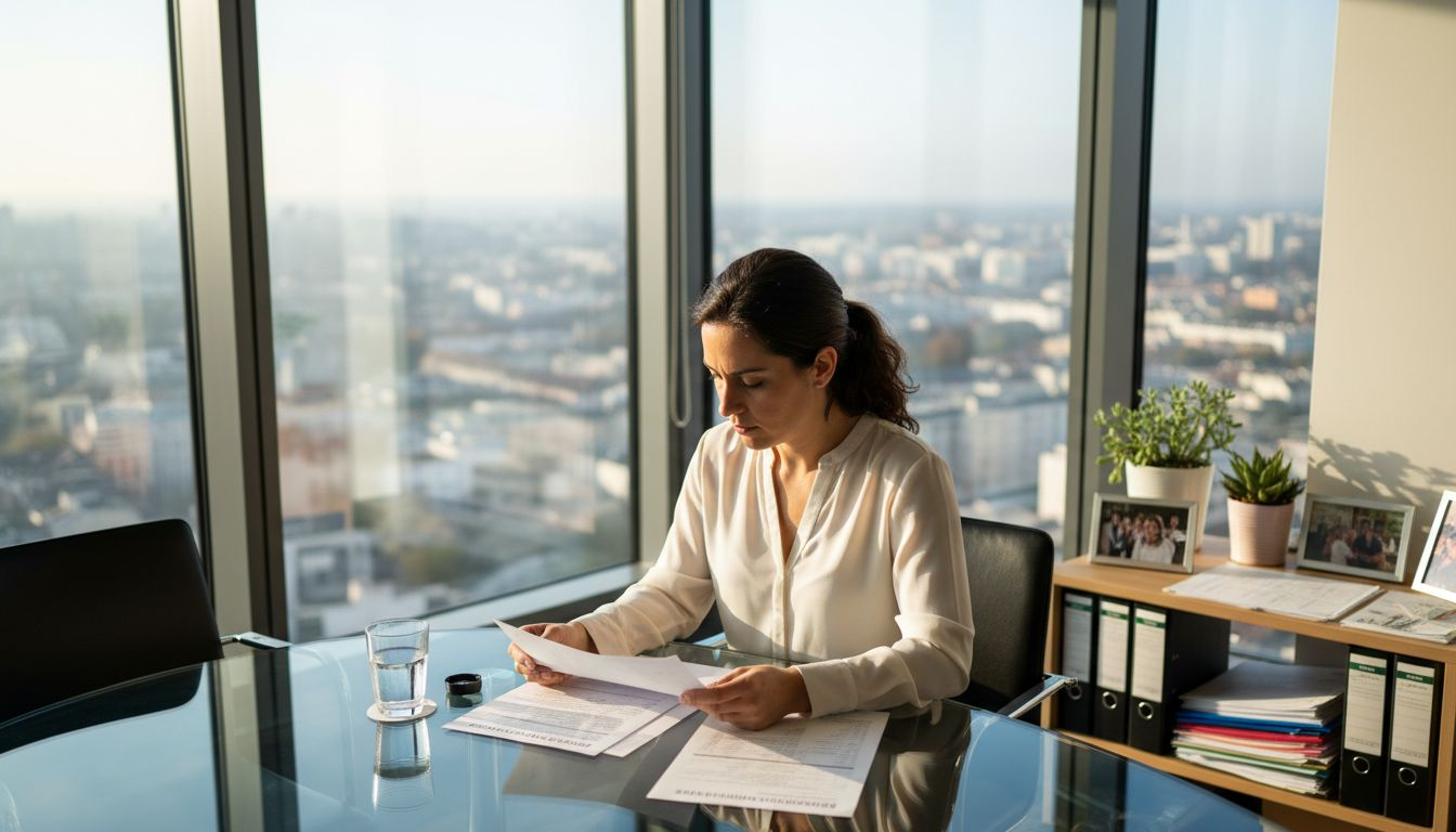 Die HR-Managerin wirft einen Blick auf die Ergebnisse der Mitarbeiterbewertung an ihrem Schreibtisch.