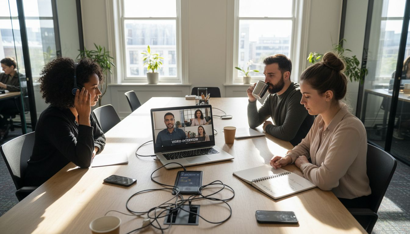 Drie collega's voeren een online interview vanuit hun kantoorruimte.