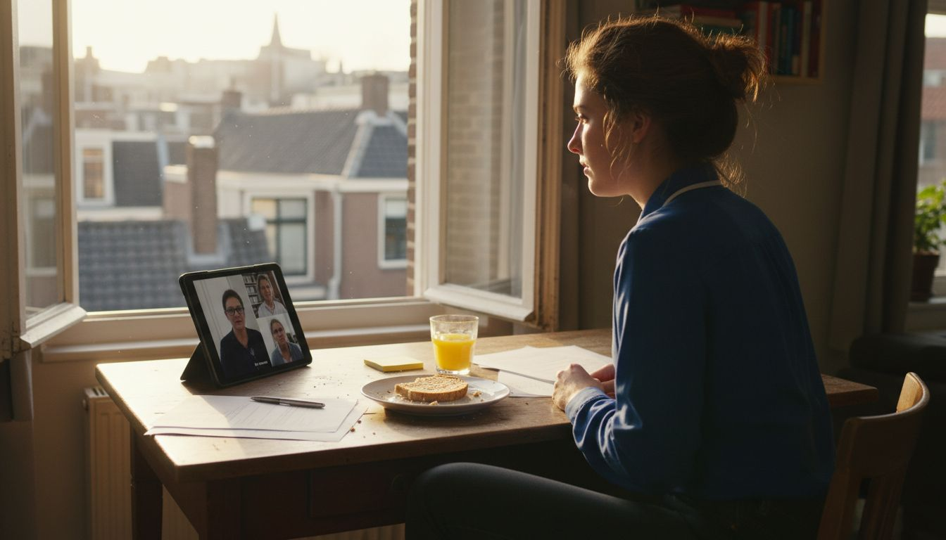 De sollicitant neemt het online sollicitatiegesprek gewoon vanuit huis af.