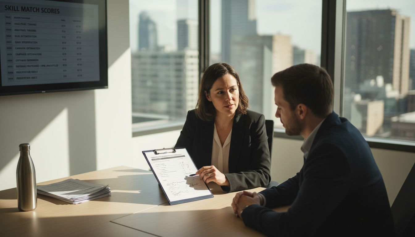 Interview with skills assessment in bright corner office