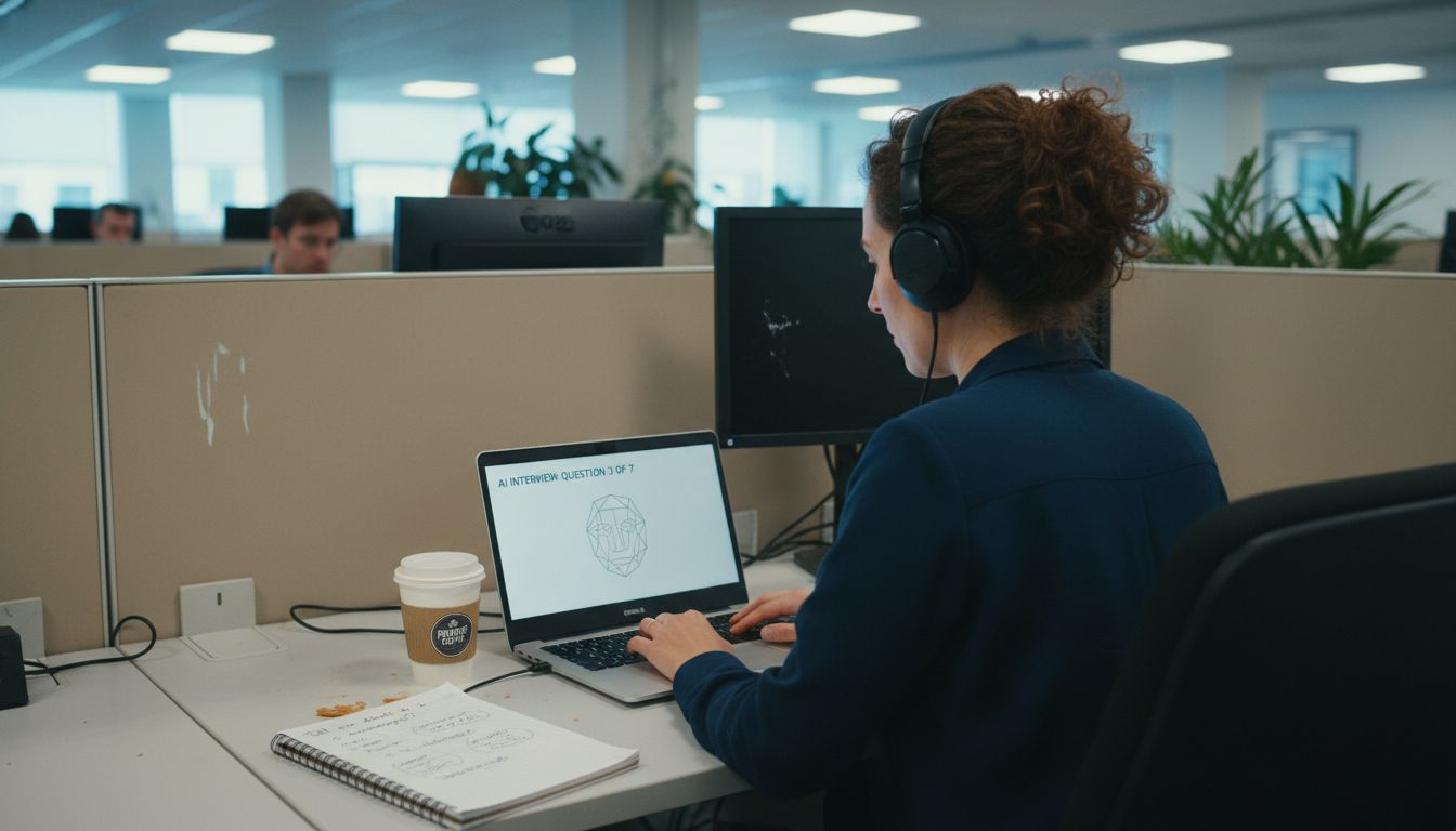 Candidate in AI interview at cubicle workspace