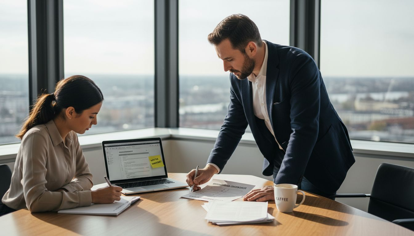 Personalverantwortlicher prüft die Checkliste am Besprechungstisch.