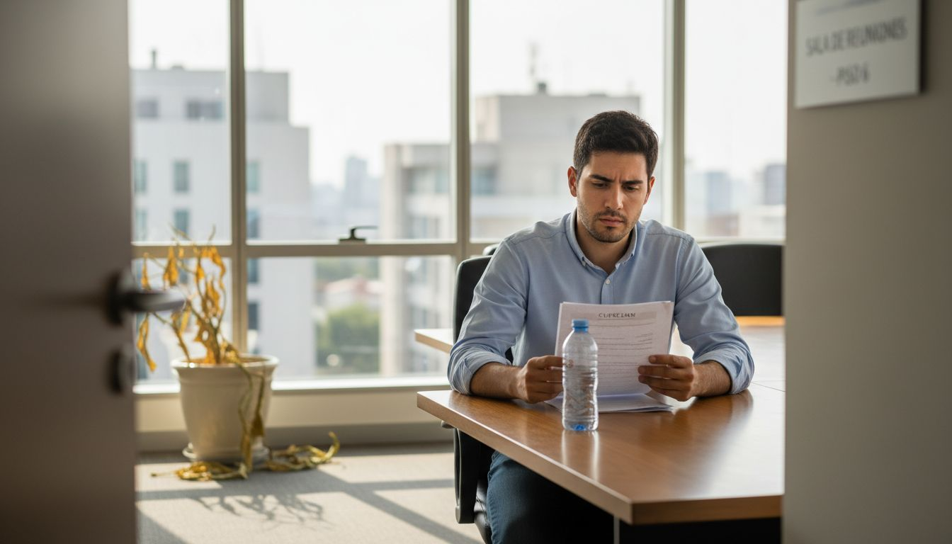 Un candidato aguarda su entrevista, sentado junto a una pila de currículums, mientras la luz de la mañana entra por la ventana.