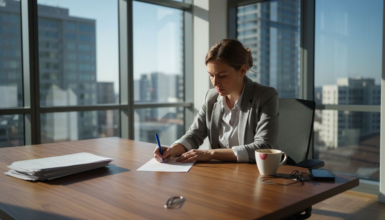 Eine Frau sitzt am Schreibtisch und geht ihre Checkliste für das bevorstehende Vorstellungsgespräch durch.