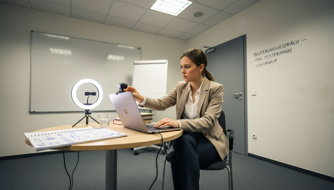 Die Personalerin richtet die Webcam ein, um für das Vorstellungsgespräch per Video optimal vorbereitet zu sein.