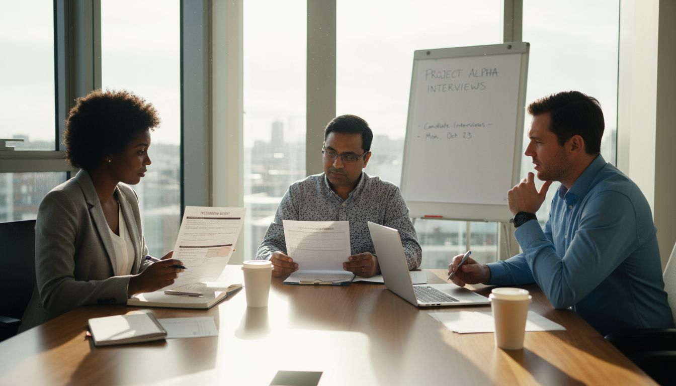 Structured interview panel in modern corner office
