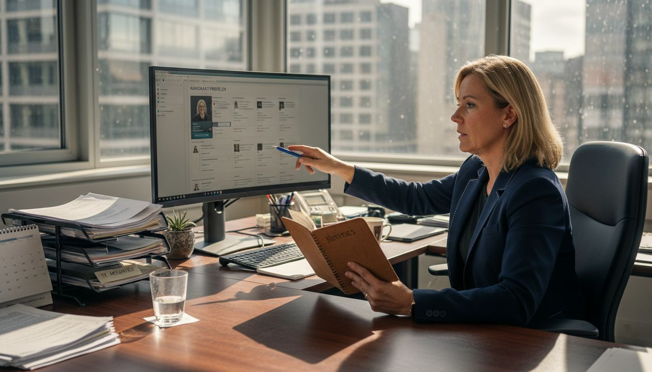 Een HR-manager die op kantoor bezig is met het inzetten van AI om het wervingsproces te verbeteren.