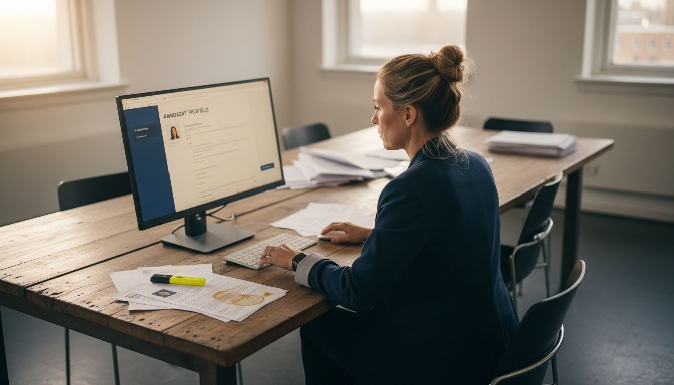 Op kantoor kijkt de recruiter kritisch naar de kandidaten om te bepalen wie het beste past bij de functie.