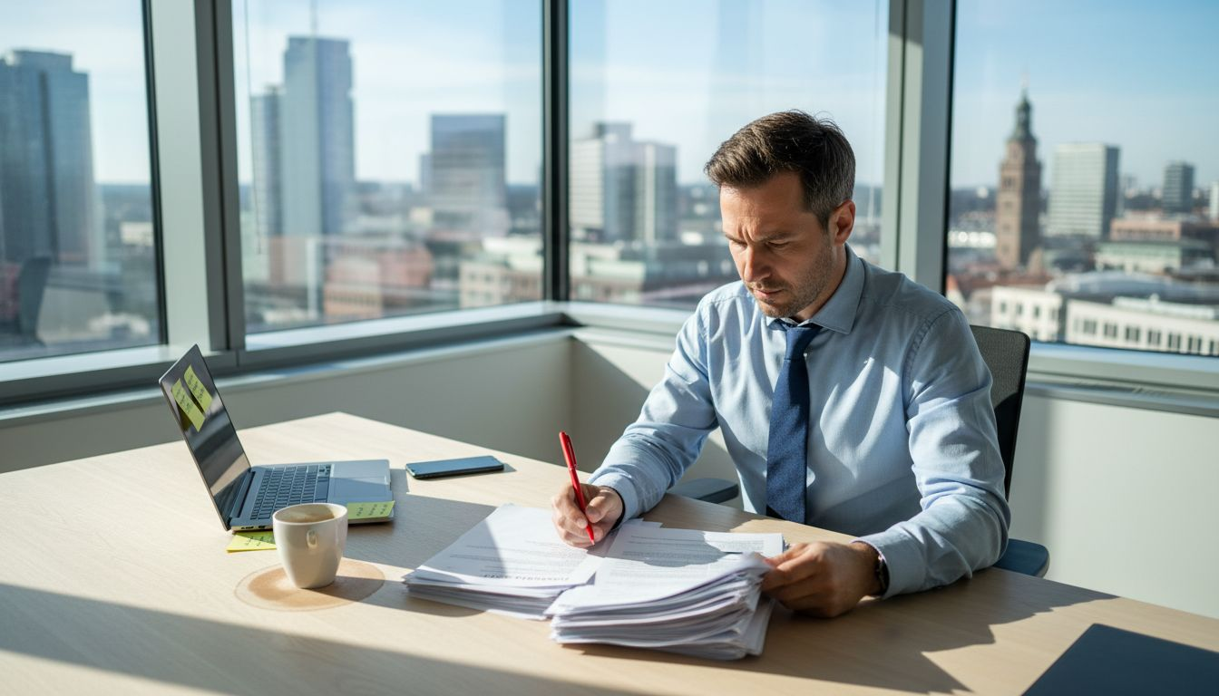 Ein Mitarbeiter sitzt am Schreibtisch und prüft Bewerbungsunterlagen.