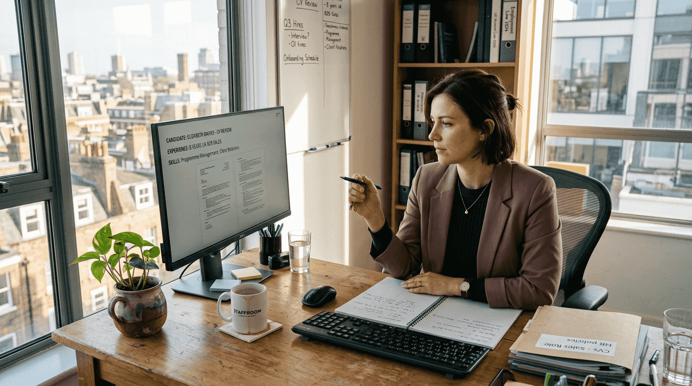 HR manager reviewing hybrid screening profiles