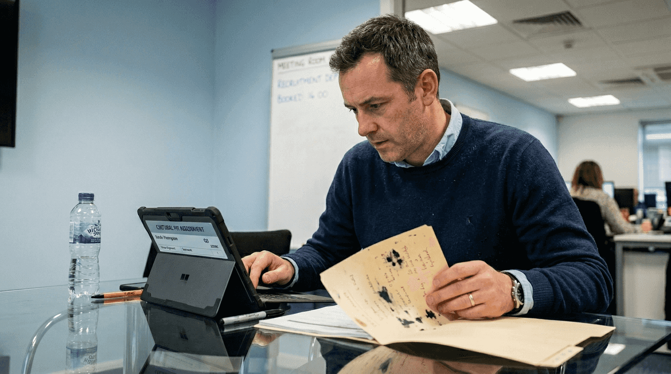 Recruiter scoring cultural fit on tablet