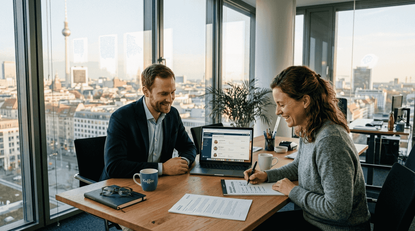 Zwei Kollegen sitzen gemeinsam im Büro und prüfen Bewerbungsunterlagen.