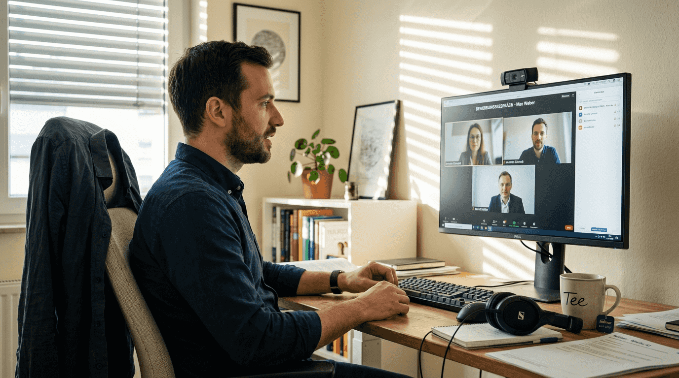Ein Mann nimmt an einem Videointerview im Rahmen eines Auswahlverfahrens teil.