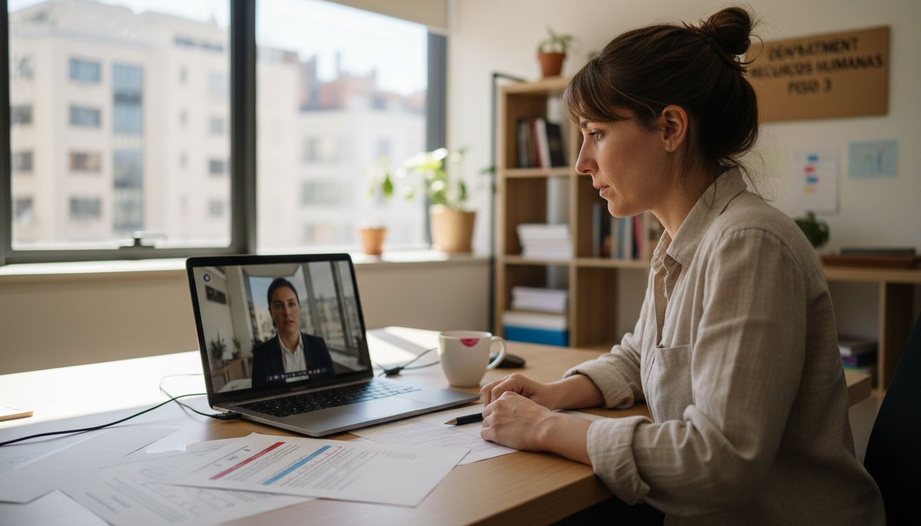 Especialista en selección revisa respuestas de una entrevista automatizada desde su escritorio