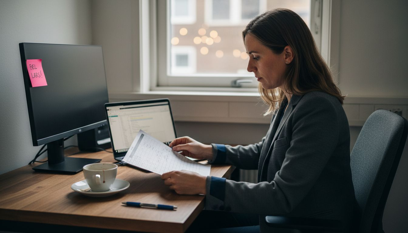 Een HR-medewerker beoordeelt sollicitanten aan de hand van een scorekaart op kantoor.