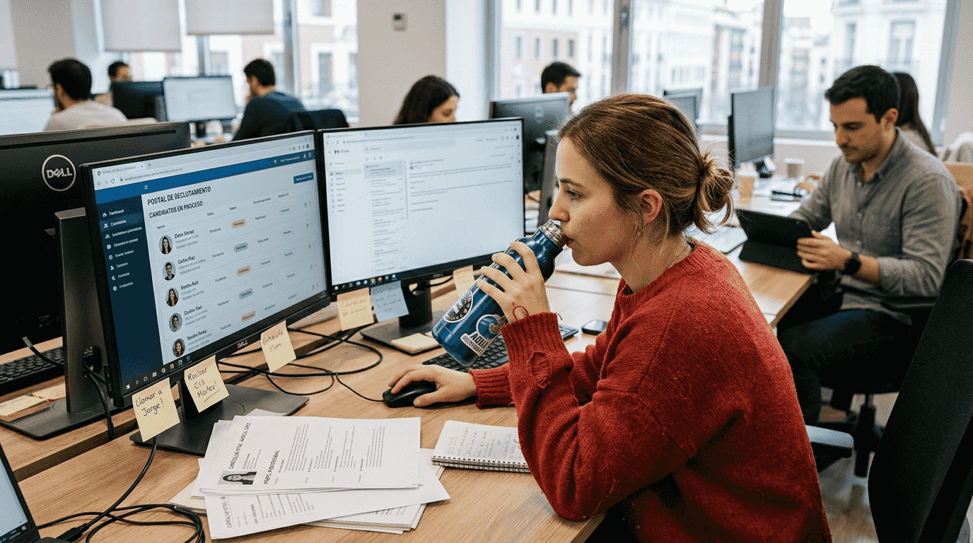 Reclutador trabajando con una plataforma de inteligencia artificial en un espacio de oficina diáfano