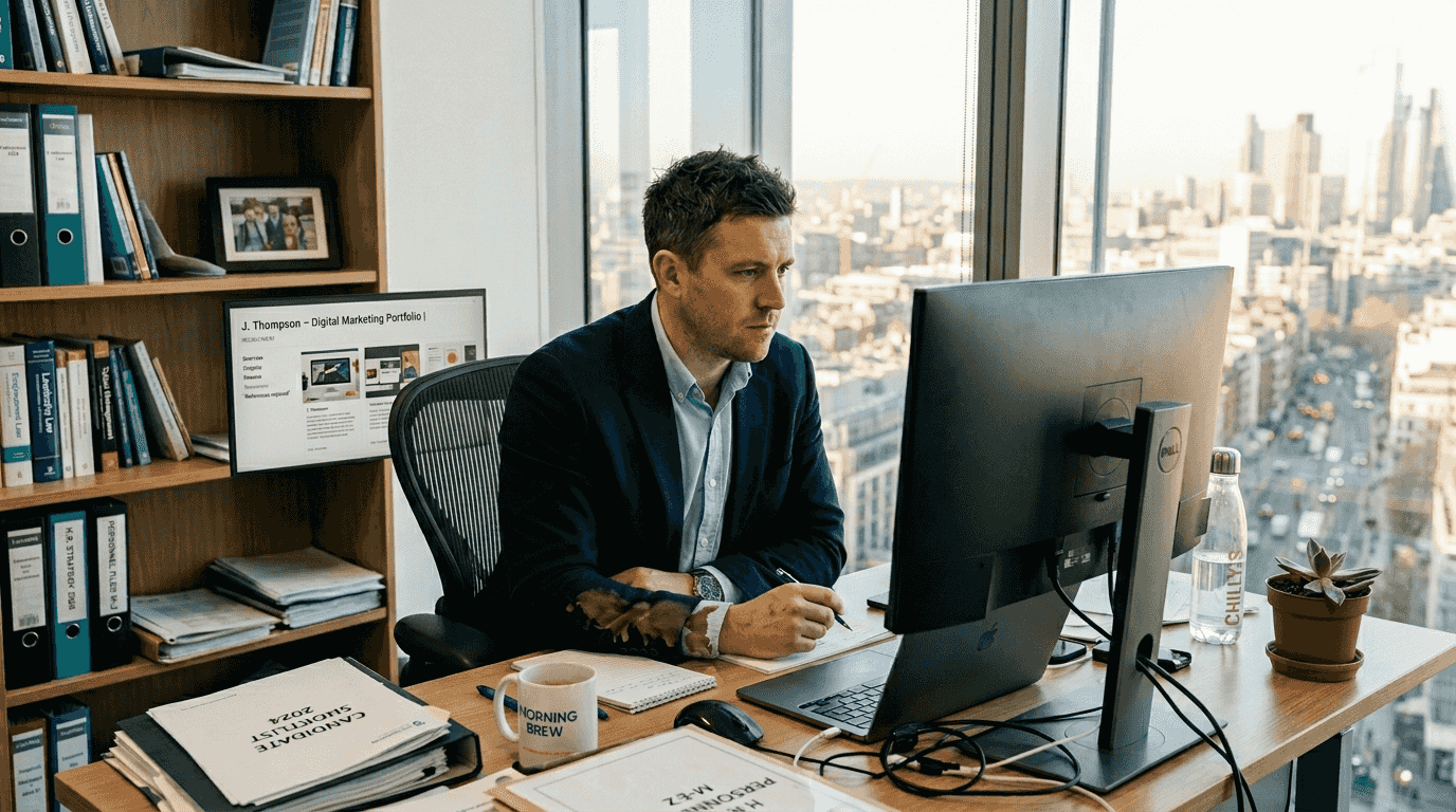 HR leader reviewing candidate portfolio in office