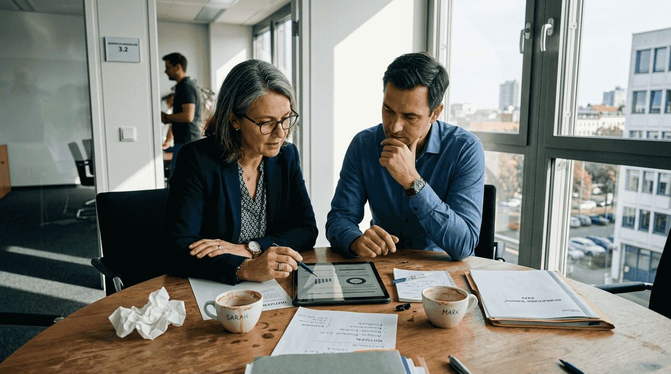 Das Team bespricht gemeinsam die Ergebnisse des digitalen Assessments.