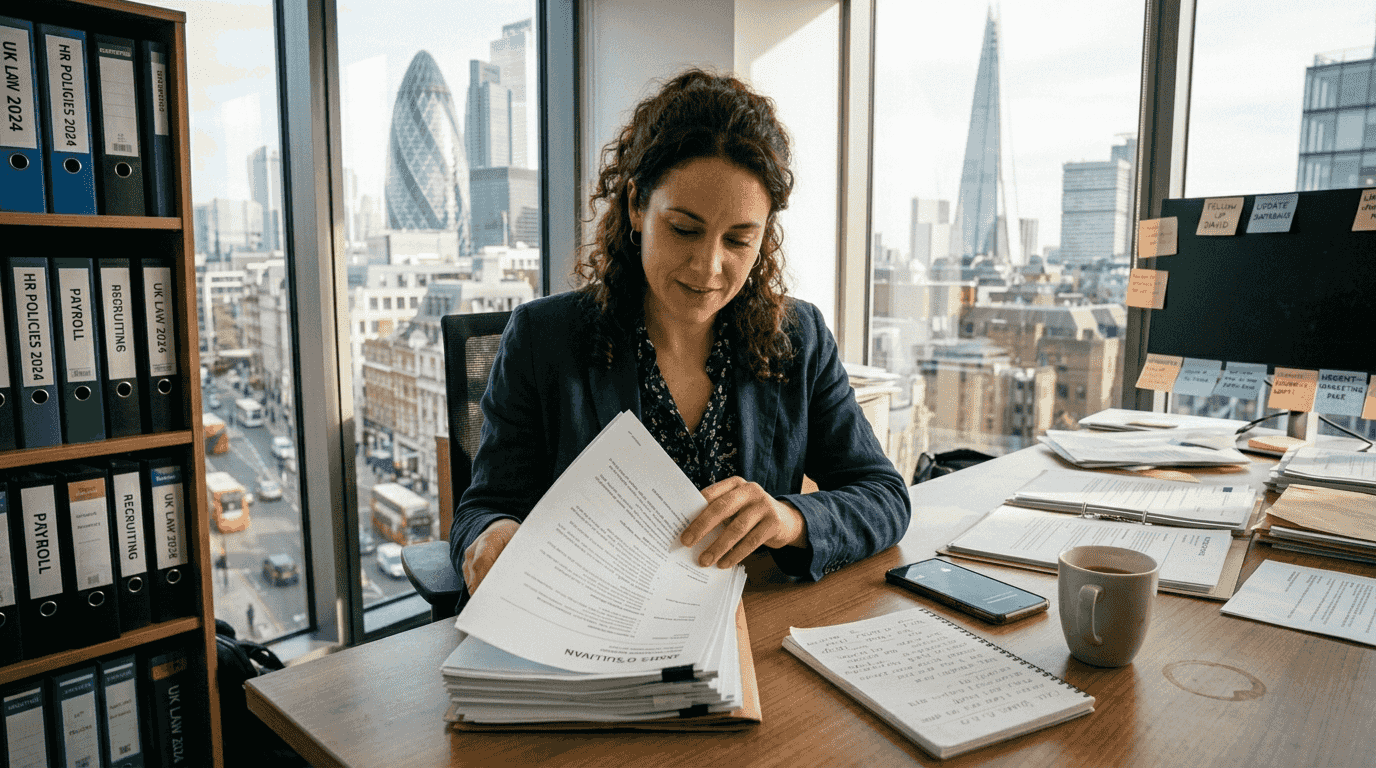 Recruiter screening printed resumes at desk
